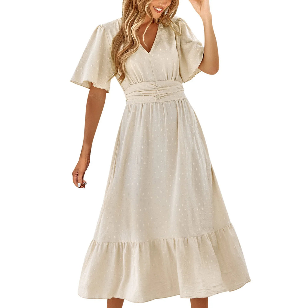Women V-Neck Ruffle Hem Maxi Dress Solid Short Sleeve Flowy Long Dress Summer Elegant Beach Vacation Party Wedding Guest Outfit
