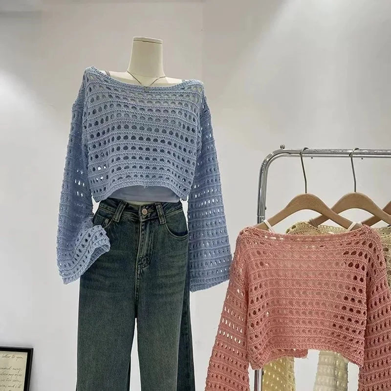 Long Sleeve Crochet Knit Top Summer Beach Bikini Cover Up Crop Pullover Wool Knitwear Blouse Women Vacation Boho Outfit
