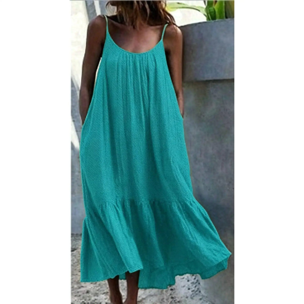 Lotus Leaf  Length Skirt Slim Shoulder High Waist Cotton Casual Style Women's Dress Fashionable Backless U-Neck Gown