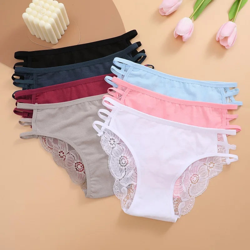 3Pc/Set Women'S'S Sexy Floral Lace Panties Low Rise Hollow Out Briefs Transparent Underwear Female Elastic Straps Soft Lingerie