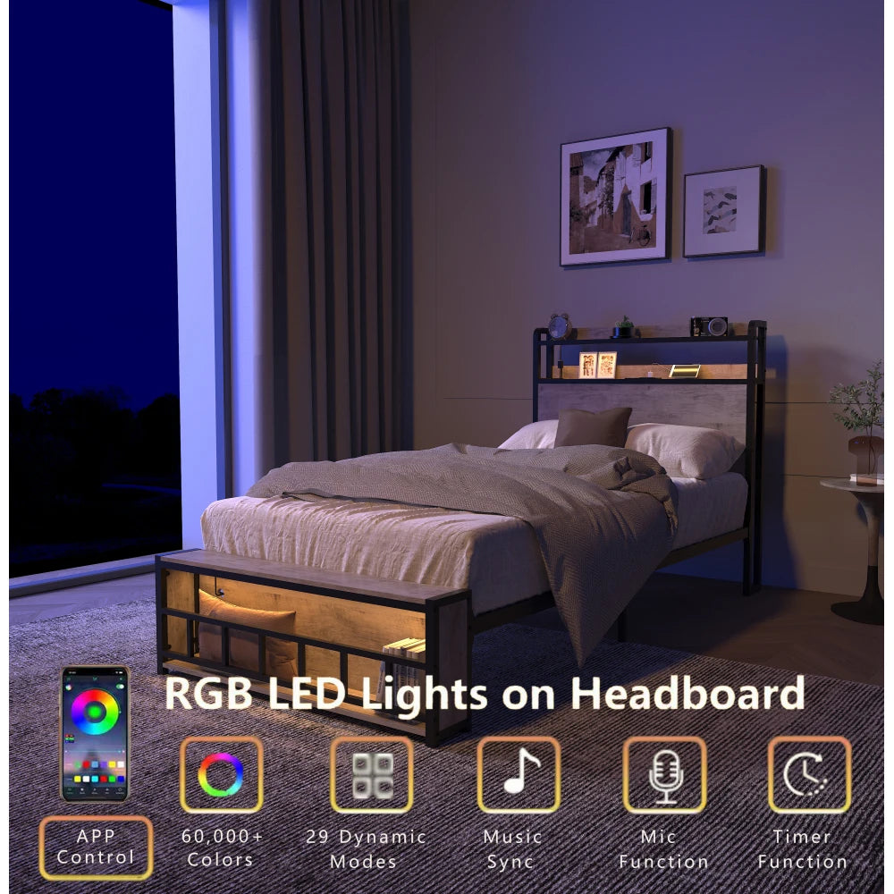 Orraves Twin Bed Frames , Headboard and Charging Station & LED Light for Bedroom, Solid and Stable, Noise Free, No Box Spring Needed, Easy Assembly