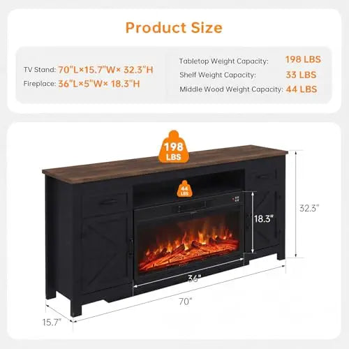 Fireplace TV Stand, 70" Farmhouse TV Stand with Barn Door for 80" TVs, Entertainment Center with Black Fireplace &