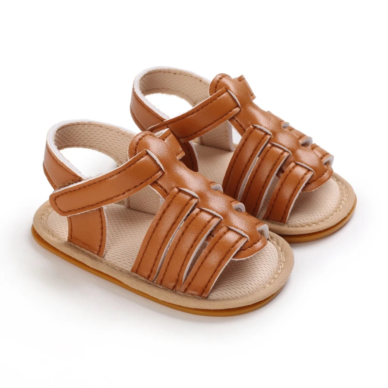 Baby Girls' Brown Leather Sandals - Soft Rubber Sole, 0-18 Months