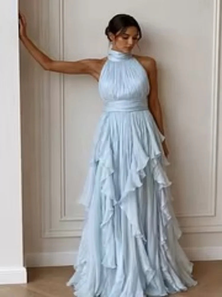Women Mock Neck Sleeveless Tiered Ruffle Maxi Dress Draped Flowy Long Gown Formal Wedding Guest Evening Party Dresses