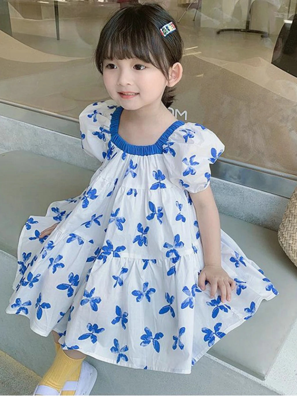 Girls Summer Blue Butterfly Print Dress – Square Neck Puff Sleeve Princess Dress, Korean Style Kids Fashion
