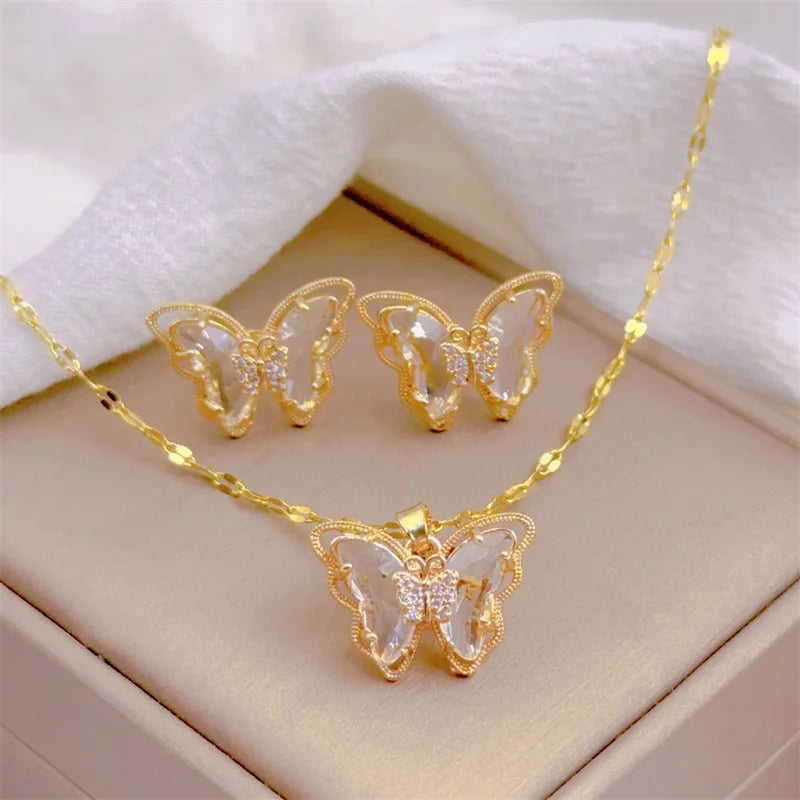 Butterfly Necklace And Earring Set For Women Micro Inlaid Design Transparent Stainless Steel Light Luxury Jewelry