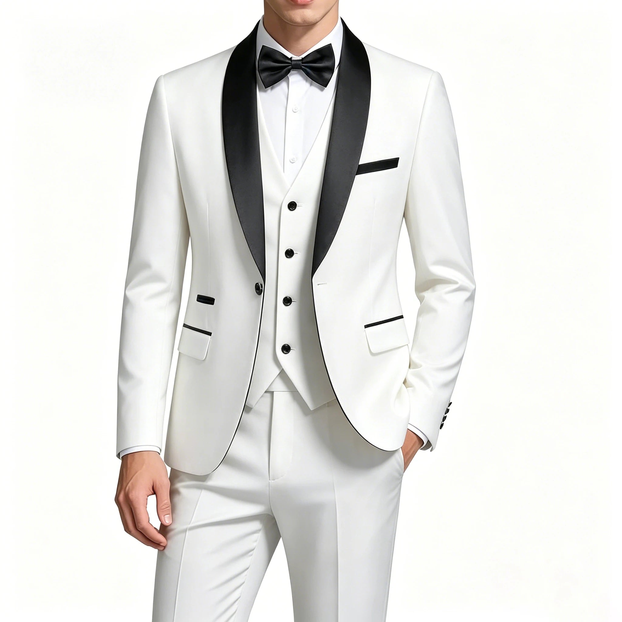 US Size XXS-3XL Men's 3 Piece Tuxedo Suit Set, Black Satin Shawl Lapel Slim Fit Blazer Vest Pants for Wedding Groom Party Prom