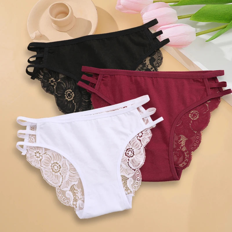 Sexy Floral Lace Panties 3Pc Set For Women Low Rise Hollow Out Transparent Briefs
