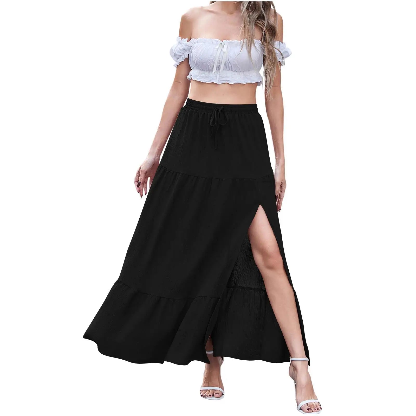 Bohemian Pure Color Side Slit  Skirt Women's Fashion Summer New Arrival Cross-Border mid Waist H-Shape PVC Fabric Skirt