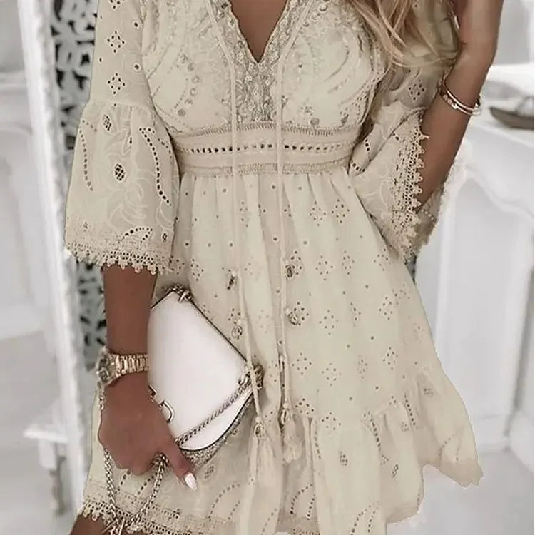 for Women Female V Neck Long Sleeve White Dresses Loose Solid Casual Women Beach Holiday Dress Vestidos Hollow Out Summer Dress