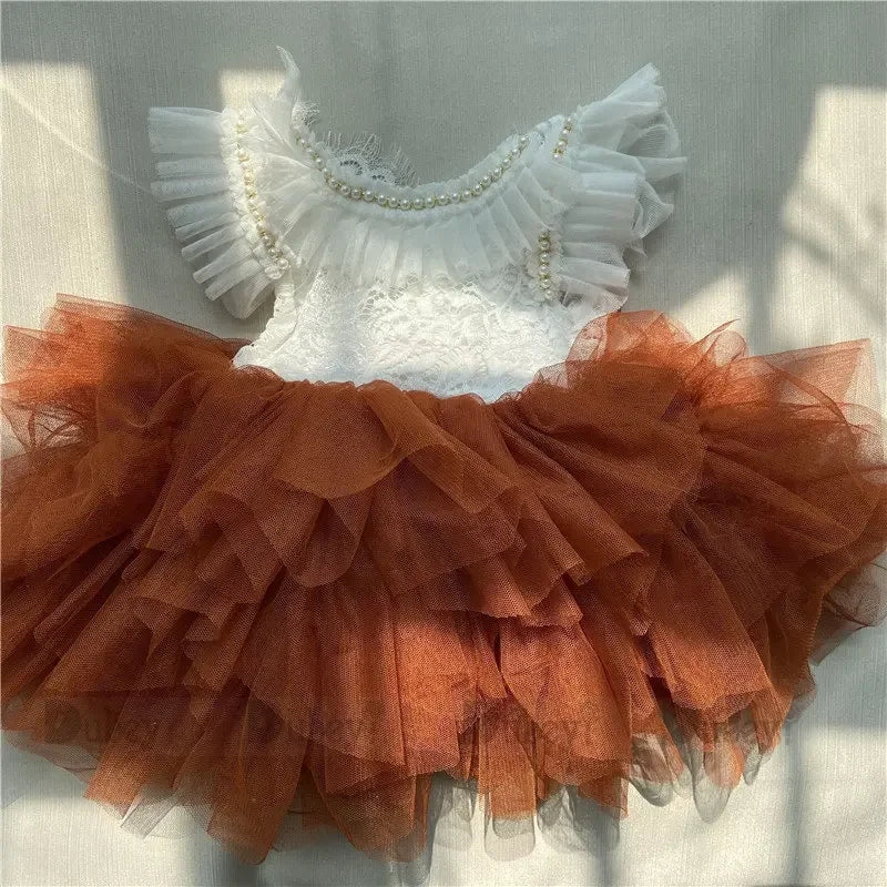 Spanish Toddler Girls Beading Dress for Baby Baptism Dress Birthday Kids Flutter Sleeve Tutu Princess Vestido Clothing