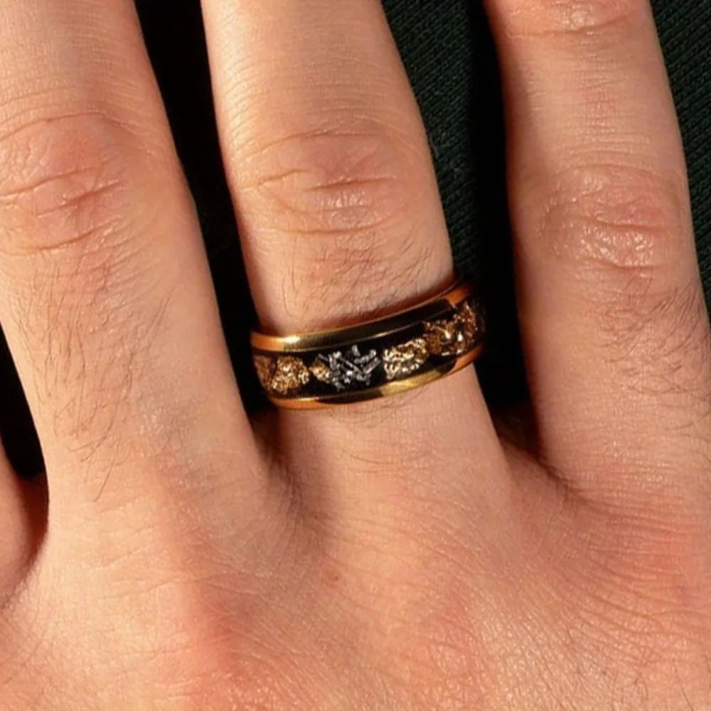 8MM Gold Color Men Stainless Steel Rings Gold Foil Inlay Engagement Wedding Band Jewelry Unique Steel Ring For Gift Wholesale