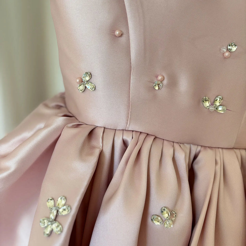 Dreamy Vow J145 Pink Satin Classic Girls Dress Beaded Square Neck Knee Length Children Wedding Birthday Holiday Party Dress 2025