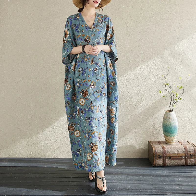 Summer Fashion Print Short Sleeve Dress V-Neck Conceal Hip Large Size Women's Dress Retro Commute Style Cotton Long Dress