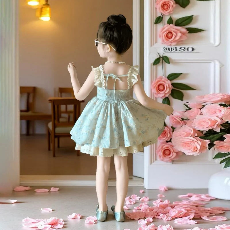 Girls' New Summer Korean Style Floral Print Sweet Princess Dress with Small Flutter Sleeves and Lace