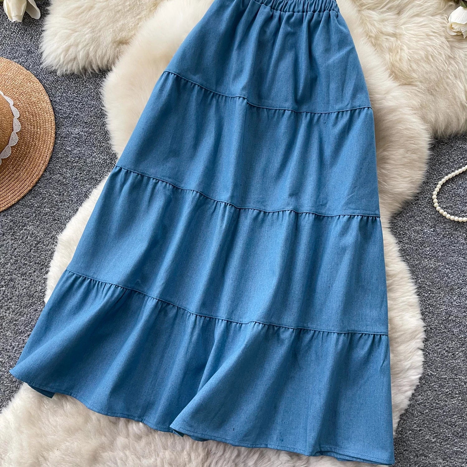 Korean Style A-Line  Skirt Women's Summer Slimming Elastic Waist Denim Patchwork Skirts City Commute Universal Long Skirts