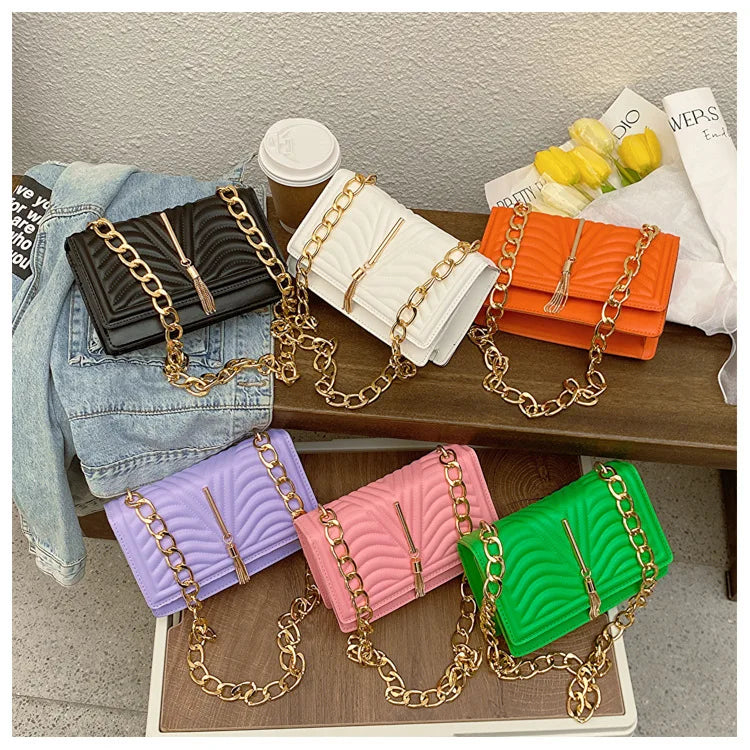 Brand Designer PU Striped Women's Shoulder Bag Fashion Tassel Chain Crossbody Bag Small flap Handbag  2023 Trend