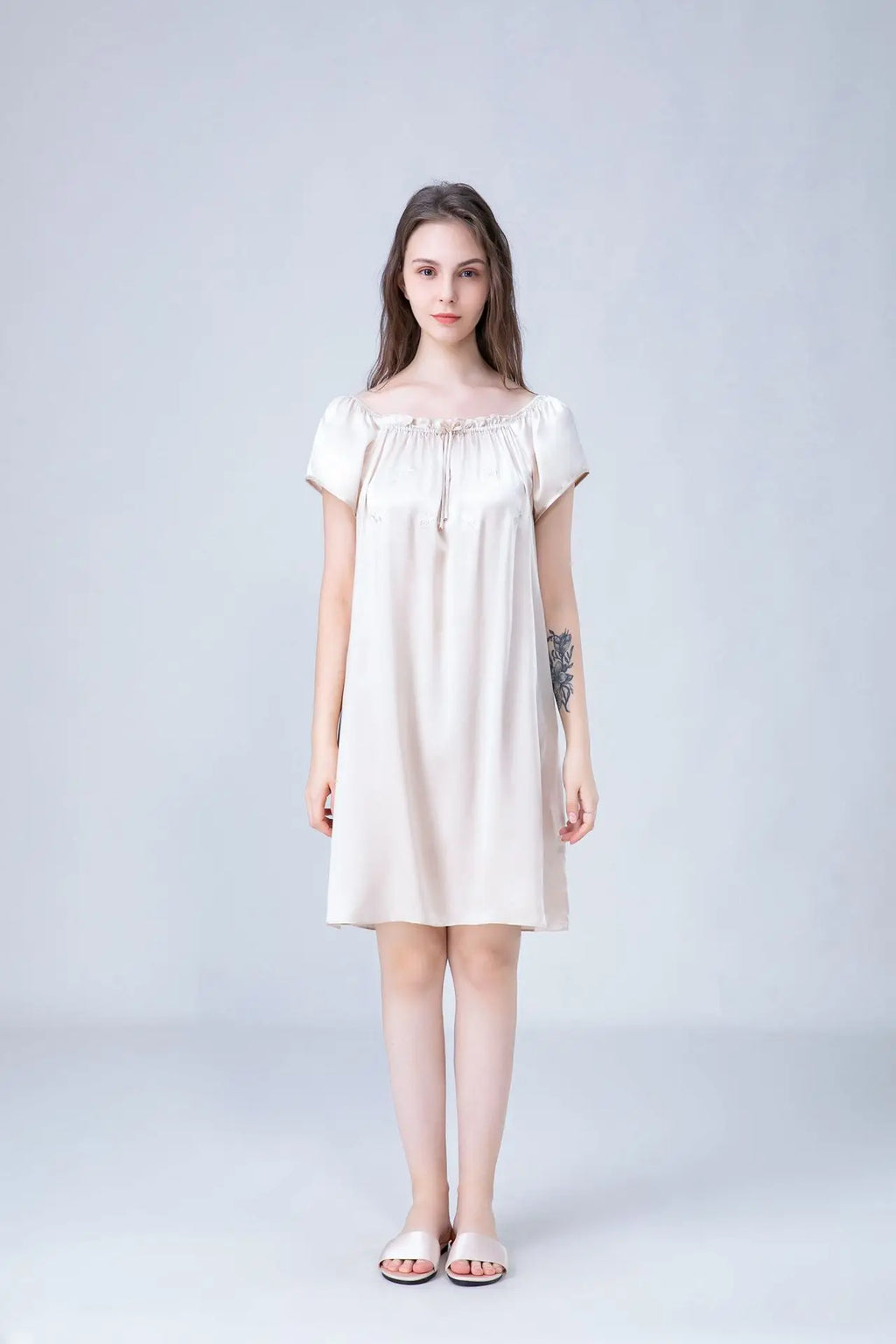 Women's 100% Mulberry Silk Sleep Dress Short Sleeve Summer Spring New Arrival Loose Solid Color Embroidered Doll Sleepwear