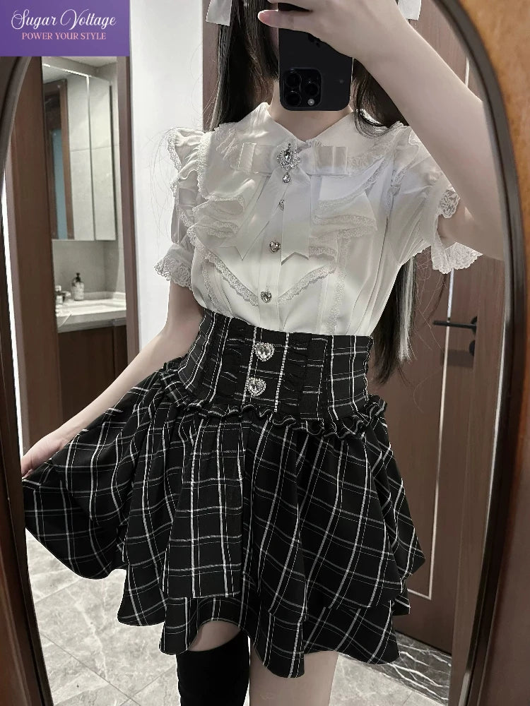 Japanese Cute Sweet Y2k Lolita Cake Skirt Women Hight Waist Rhinestone Plaid Ruffled Layered Skirts Kawaii A-Line Mini Skirts