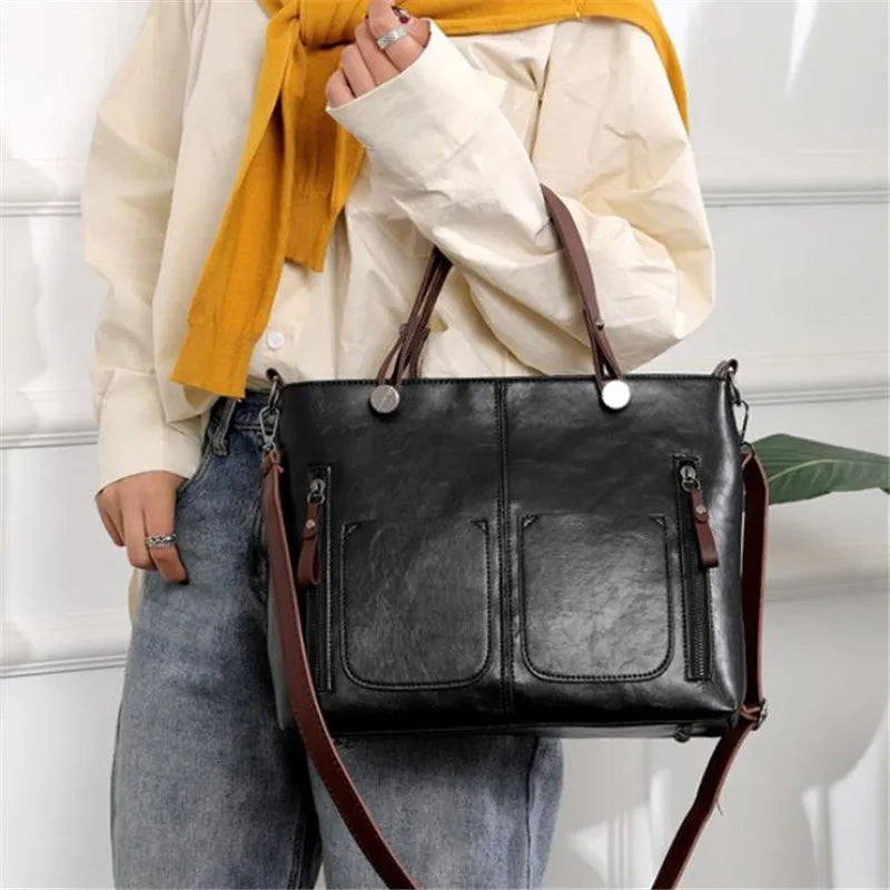 Retro Leather Handbag Shoulder Bag for Women with Double Pocket, Large Capacity, Vintage Lady's Tote Bag, Simple Crossbody Bags