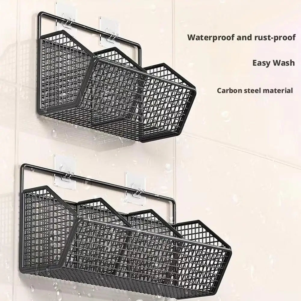 Wall-Mounted Kitchen Storage Basket - Perforation-Free Iron Rack Black