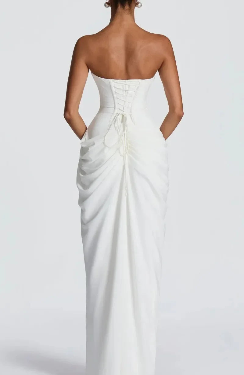 Elegant Strapless Ruched Maxi Dress Sexy Backless Lace Up Cinched Waist Slit Draped Bodycon Dresses Cocktail Party Evening Gown
