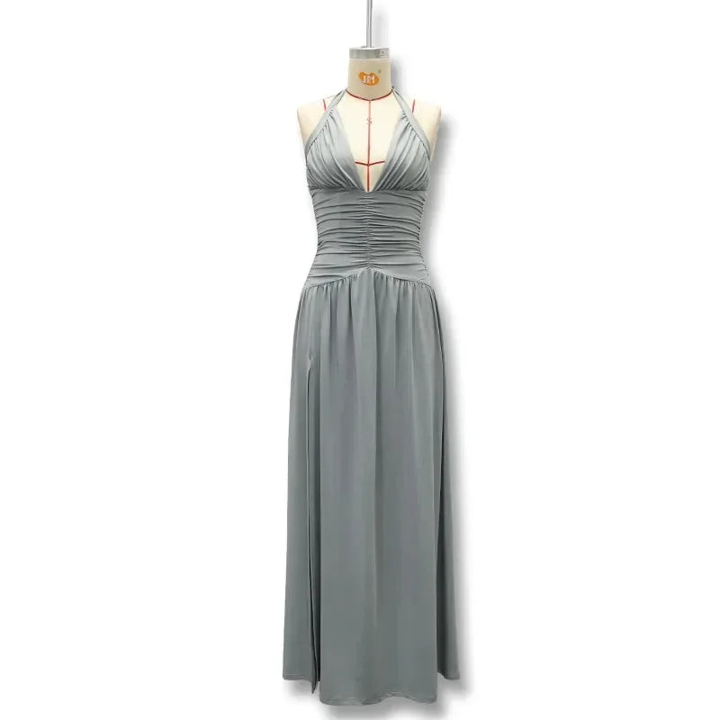 Elegant Strapless Ruched Maxi Dress Sexy Backless Lace Up Cinched Waist Slit Draped Bodycon Dresses Cocktail Party Evening Gown