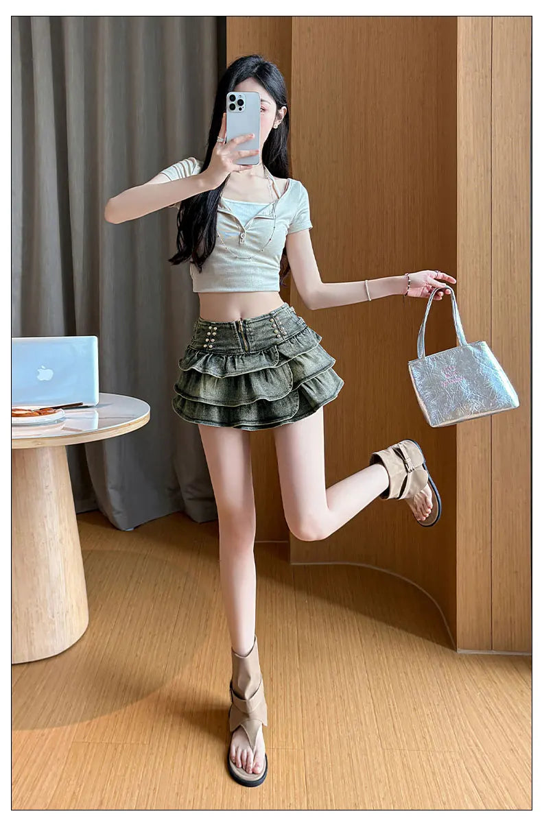 American Style Spicy Girl Design Elastic Denim Cake Short Skirt Women's Summer Pure Desire High Waist Slimming Pleated  S...