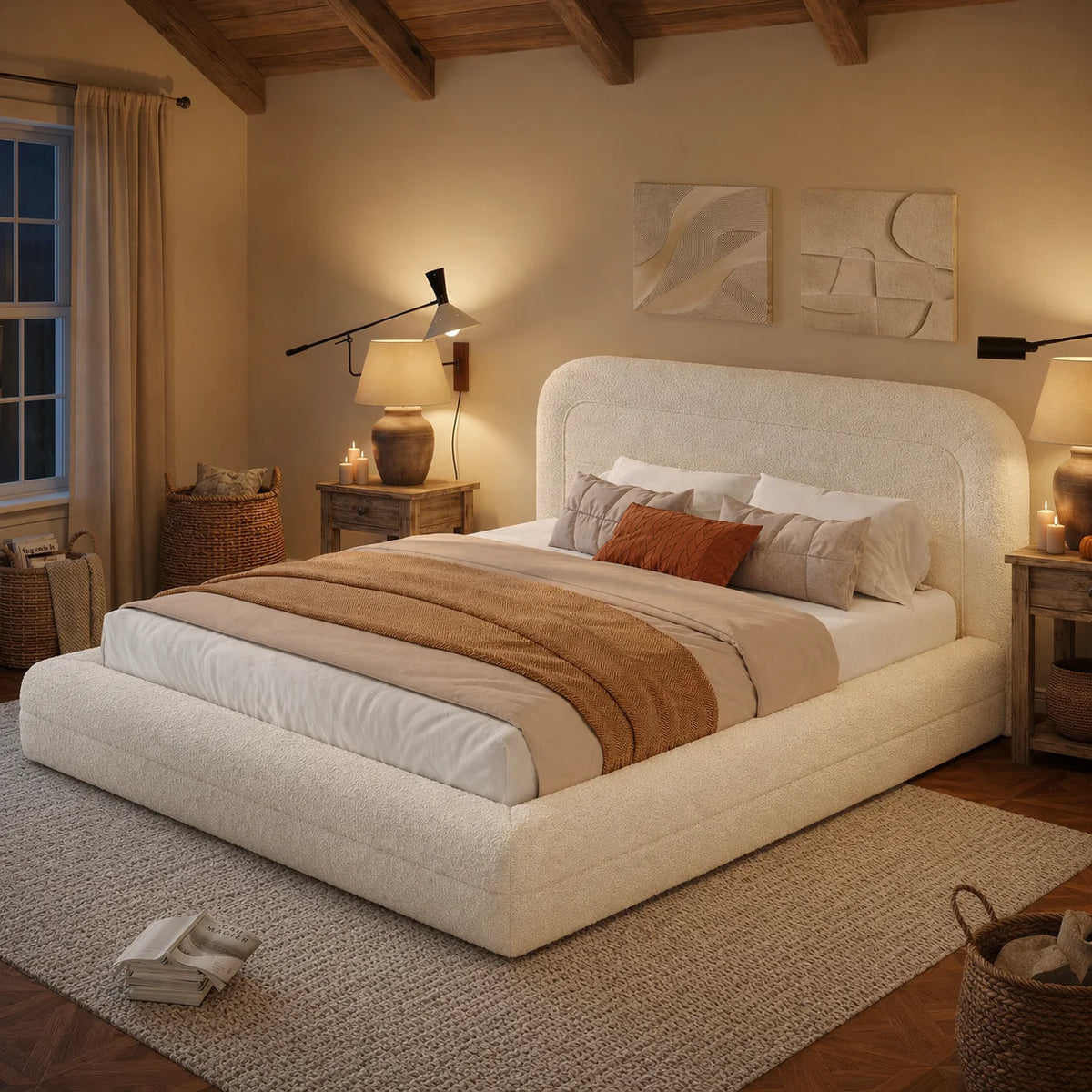 EnHomee Boucle Cloud Bed Frame with Headboard Upholstered Bed Frame with Curved Edges Design, Anti-Collision Platform Bed for Bedroom