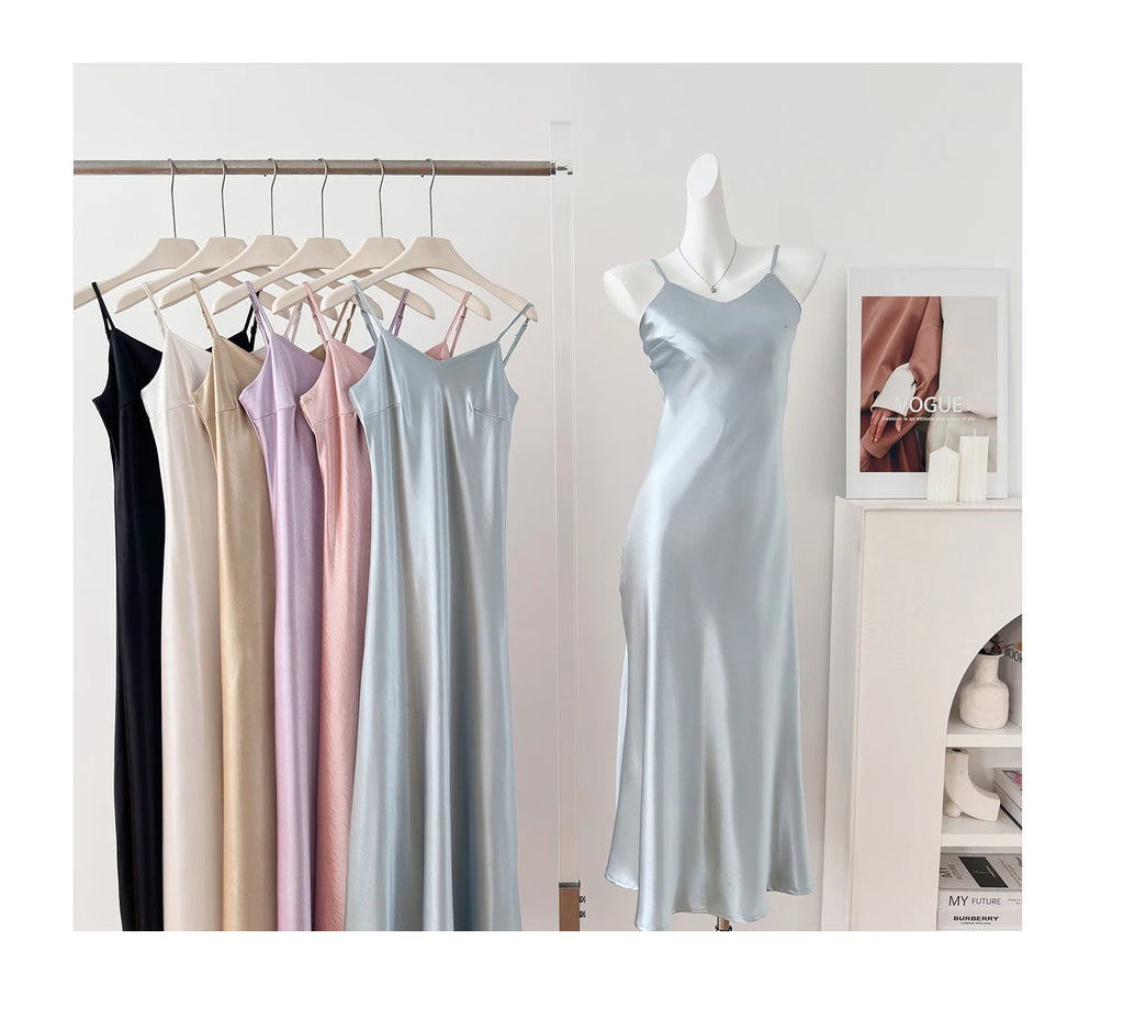 Elegant Chinese Style Satin V-Neck Sleeveless Women's Dress Slimming Waist Design Summer City Walk Long Skirt Inner Wear