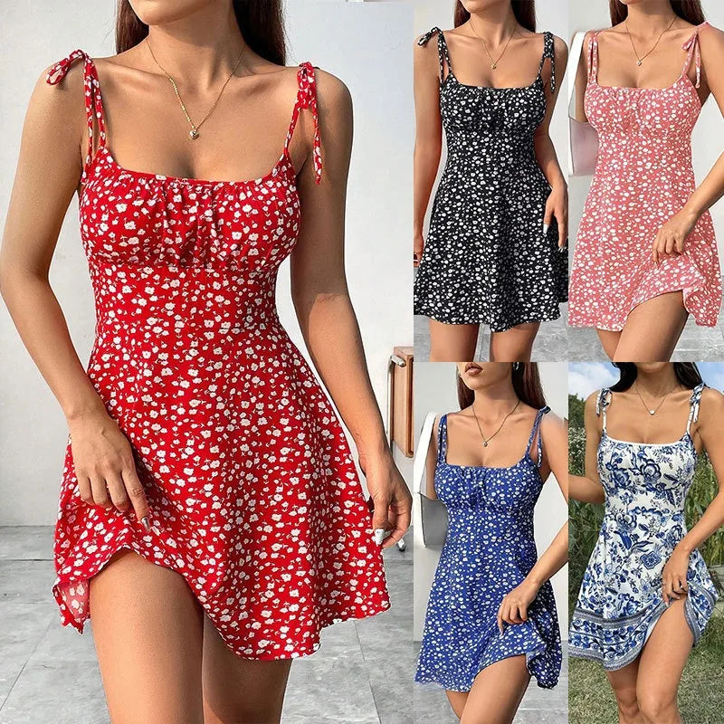 Women Sleeveless Cami Dress Floral Printed Tie Strap Square Neck Ruched Flowy Short Dress for Beach Vacation