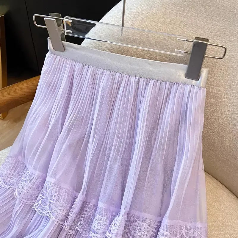 Retro Sweet White Long Skirt Women Casual Loose High Waist Elegant Skirt Vintage Lace Patchwork Korean Summer Long Skirts