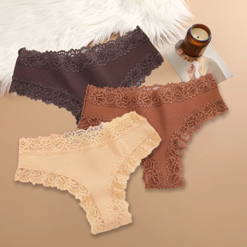 Women Cotton Panties Set 3 Pieces Floral Lace Patchwork Briefs Breathable Soft Underwear Size S XL