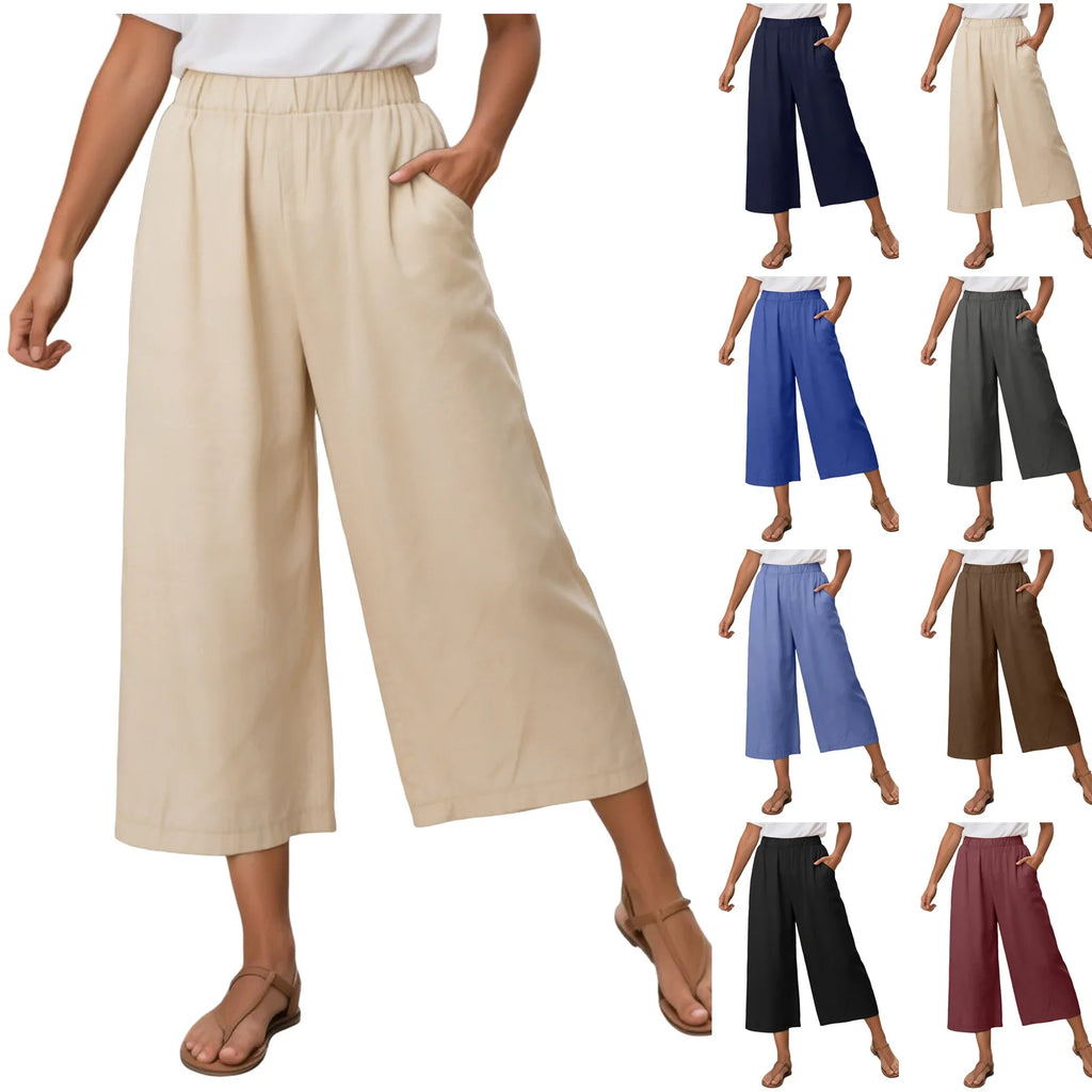 Women's Wide Leg Pants High Waist Loose Fit Cropped Trousers Comfortable Soft Palazzo Pants Casual Beach Vacation Capri Pants
