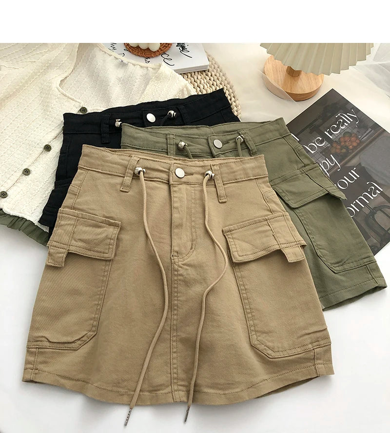 Retro High Waist Denim  Skirt Women's Spring Summer Autumn Casual Drawstring Anti-Light Short Skirt Polyester Fiber