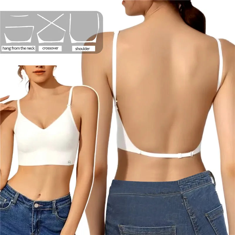 Women'S Invisible Bra Deep U Plunge Bras Backless Top For Dresses Sexy Lingerie With Transparent Strap Push Up Strapless Underwea