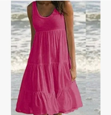 Summer Women's Causual O Neck Dress Sleeveless Ruffles Female Mini Dresses Boho Solid Loose Beach Sundress Vestidos платье