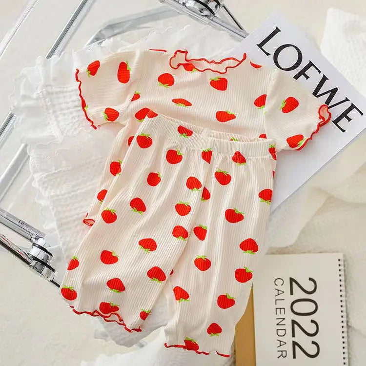 Summer Fashion New Short Sleeve Round Neck Flower Printed T-shirt Top+Pants 2 Piece Set Kids Casual Home Clothes