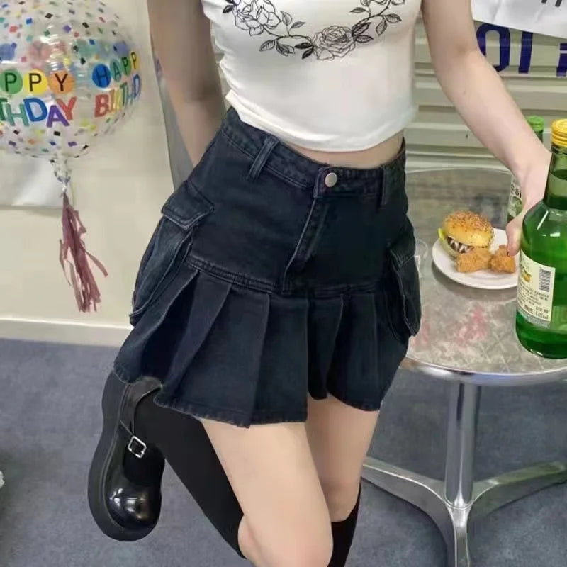 Vintage Denim Mini Skirts Women Summer Sexy Solid Colour Ball Gown Skirts Jeans Female Casual Pocket Slim A-line Mini Skirts