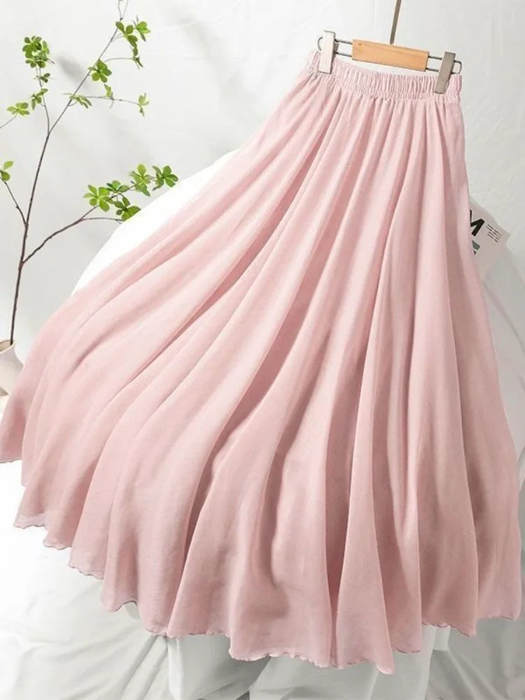 High Quality Cotton Linen Maxi Skirt Women Casual Elastic High Waist Pleated A-Line Beach Skirts Boho Saia Feminina Faldas Jupe