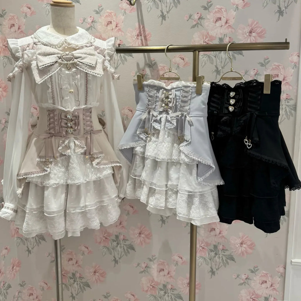 Sweet Kawaii Gothic Lolita Skirt Women Lace Ruffle High Waist Tiered Skirt with Bow Pearl Chain Decor Cute A-line Mini Skirt