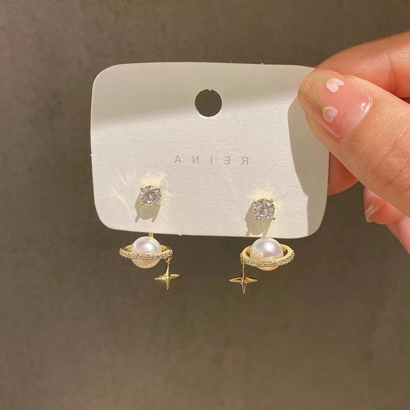 Upscale 14K Gold Jewelry Real Gold Earrings Zircon Pearl Twist Luxury Stud Earrings For Women'S Brincos Pendientes Bijoux