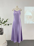 Elegant Women Spaghetti Strap Satin Dresses Summer V-Neck Solid Color Thin Sleeveless Long Dress Women A-Line Dress