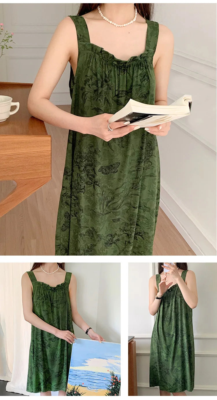 Korean Version of the Girl Sweet Summer Halter Nightgown Female Bowknot Full Print Sleeveless Loose Floral Sundress Home Dress