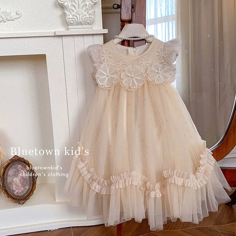 New Summer Kids Girls Lace Tulle Dress Fly Sleeve Ruffle Mesh Princess Gown Wedding Flower Girl Birthday Costume YF900