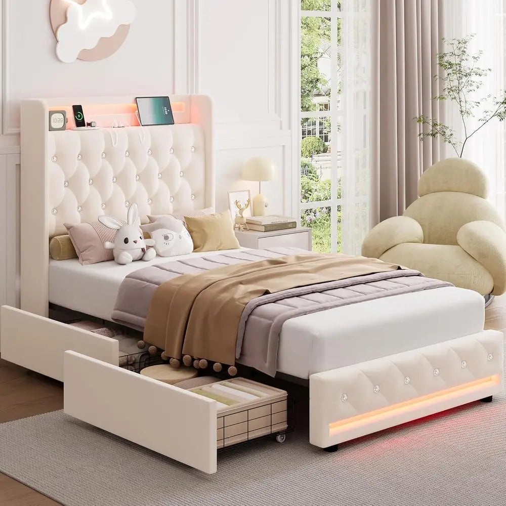 HIIT ull LED Bed e with Charging Station and 2 Storage Ders, Velvet Upholstered Platorm Bed with Handcrated Crystal Button Wingb