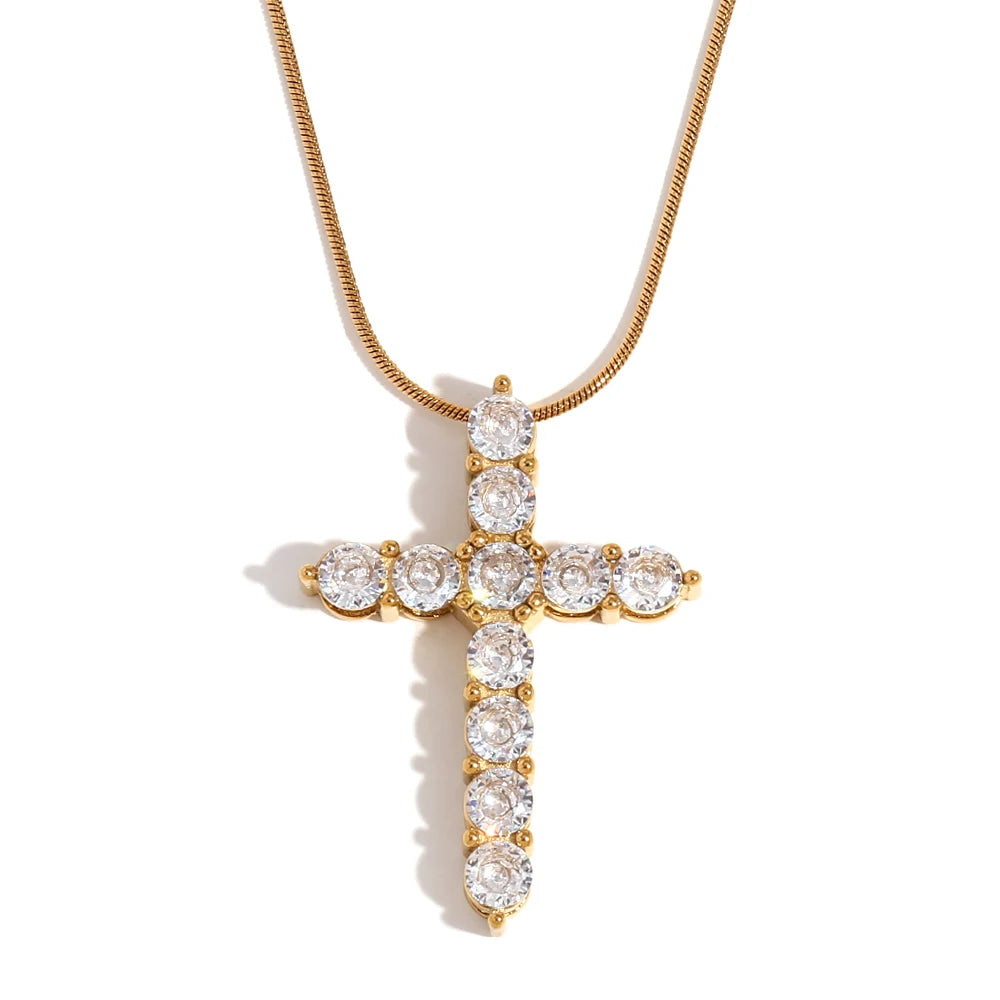 E.B.Belle Fashion Style Luxury Clear Zircon Cross Series Pendant Necklace 18K Gold Plated Stainless Steel Women'S Jewelry