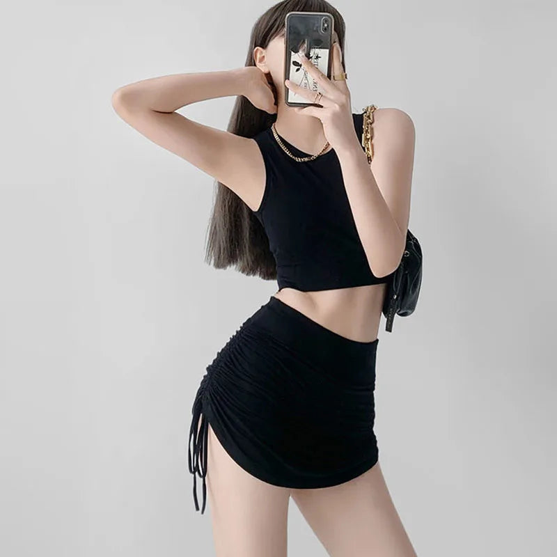 Xpqbb Women Summer Mini Skirts Drawstring Sexy High Waist Wrapped Hip Skirt Female Wild Solid Folds Slim Elastic Shorts Skirts