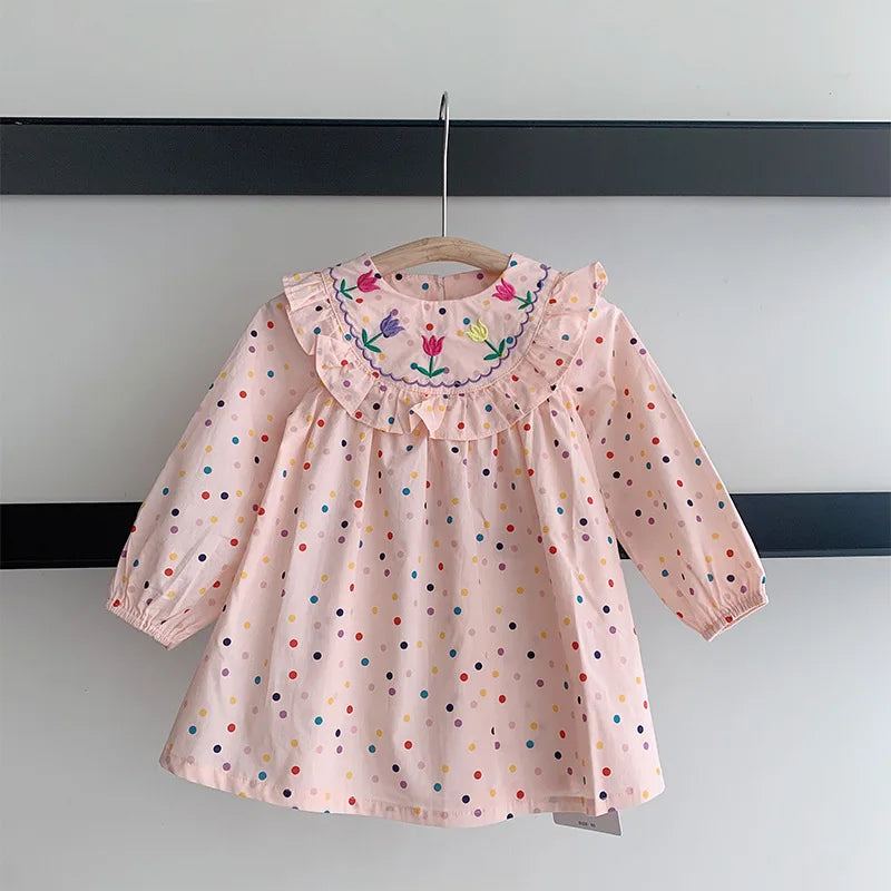 Children Girl Vintage Dress Spring Autumn Lace Turn Down Collar 2-8Y Princess Dress Fragment Flower Long Sleeve Baby Girls Dress