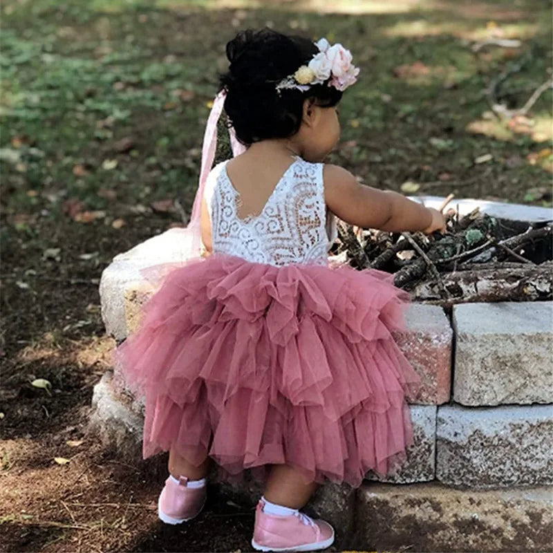 Flower Girl Bridesmaid Dresses Little Girl Layered Lace Tulle Dress Elegant Festival Princess Dress Sleeveless Clothes